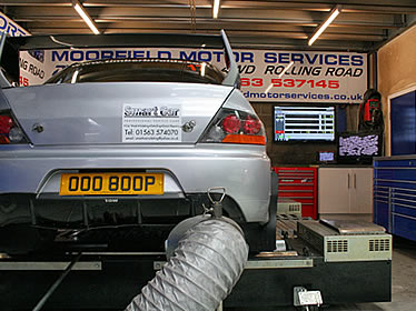 Mitsubishi Evo rally car on 4WD Rolling Road at Moorfield Motor Services, Ayrshire